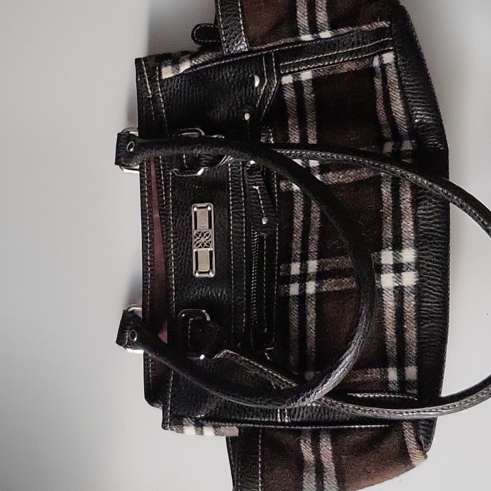 Brown and Black Plaid Wool Shoulder Tote Bag